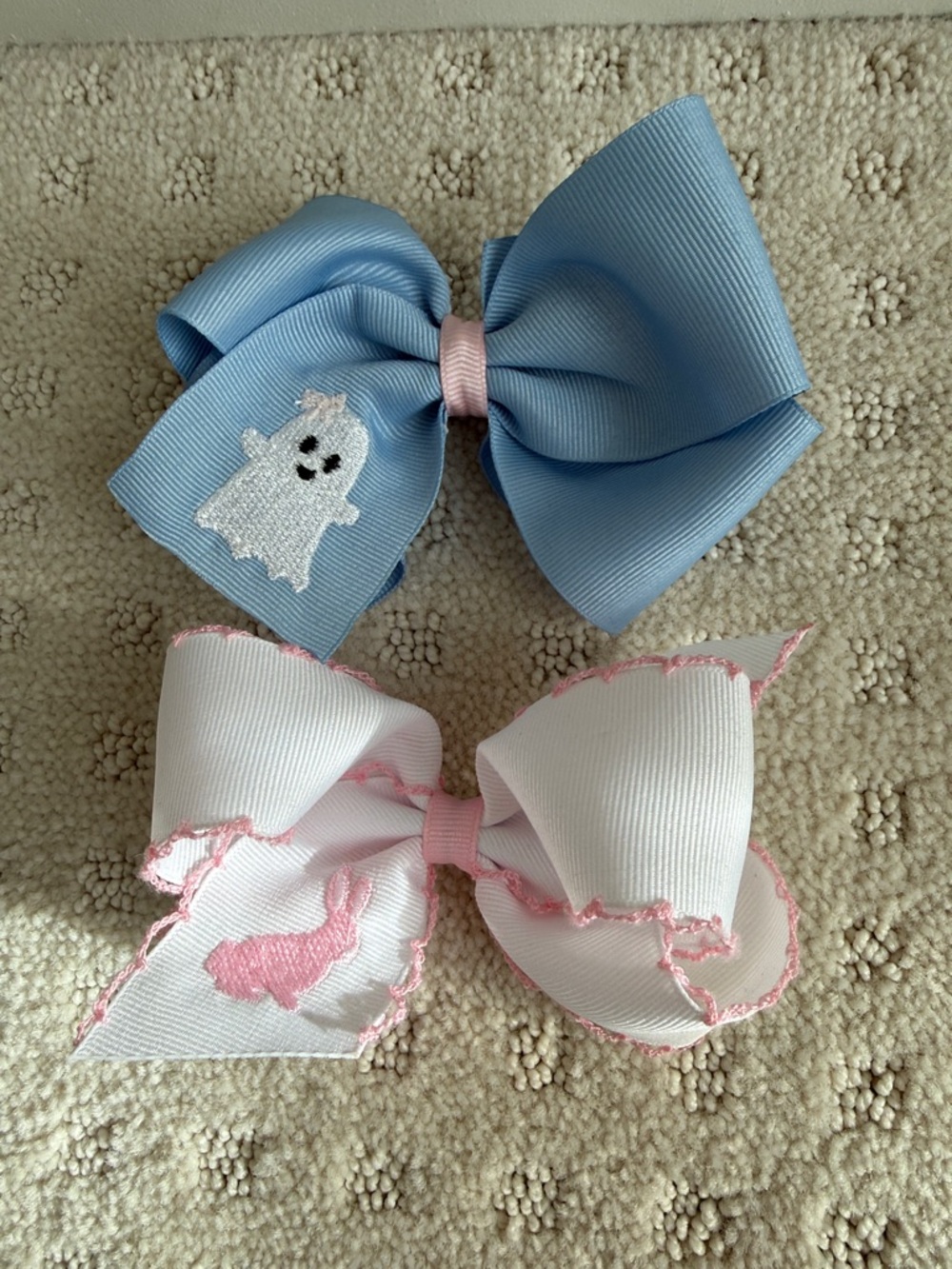 Kids Hair Bow Set - White with Pink Bunny & Light Blue Ghost Bow